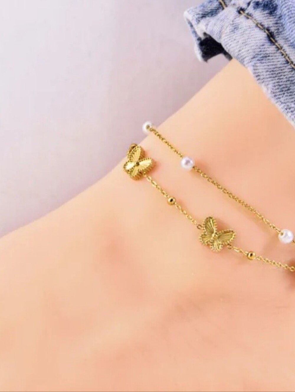 Anklet 18K Gold Plated, Waterproof, Non Tarnish Butterfly Pearl Double-Chain 10" - Picture 3 of 4
